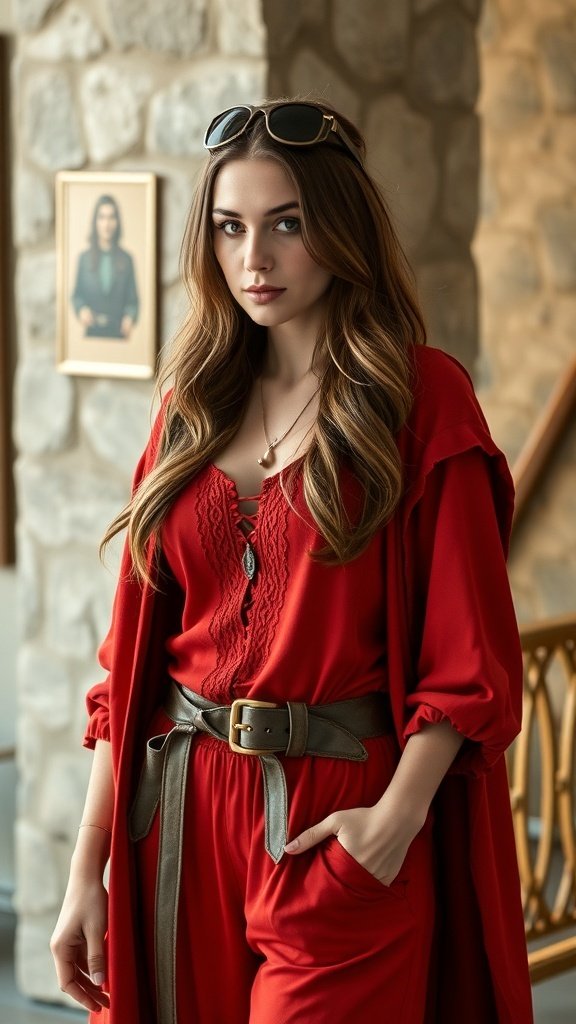 A model walking confidently in a stylish outfit, blending modern fashion with Lannister-inspired colors.