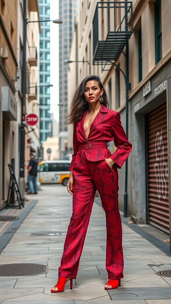 A model wearing a cherry red patterned suit, standing confidently in an urban setting.