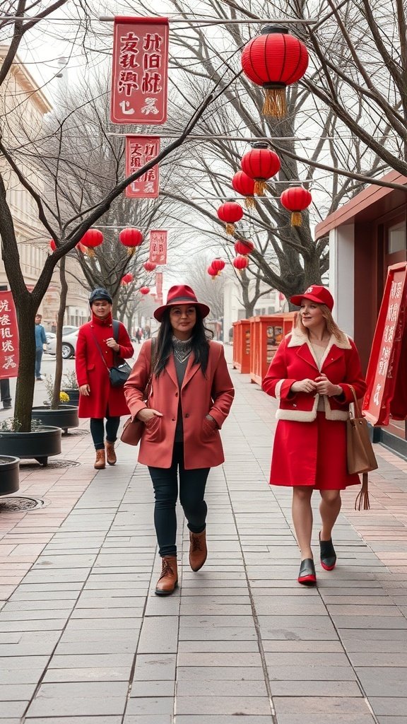 Three women walking in red outfits under red lanterns