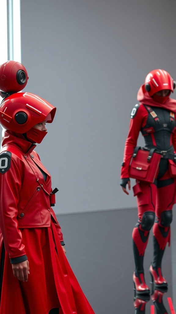 Futuristic red fashion outfits with sleek designs and bold silhouettes.