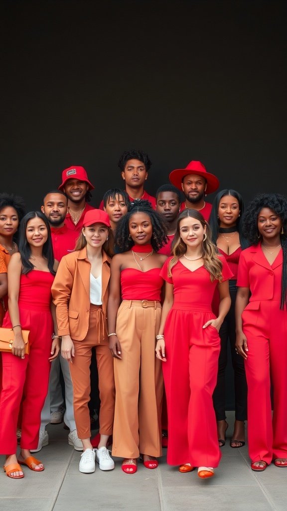 A diverse group of individuals wearing red outfits, showcasing Cherry Coded Fashion.