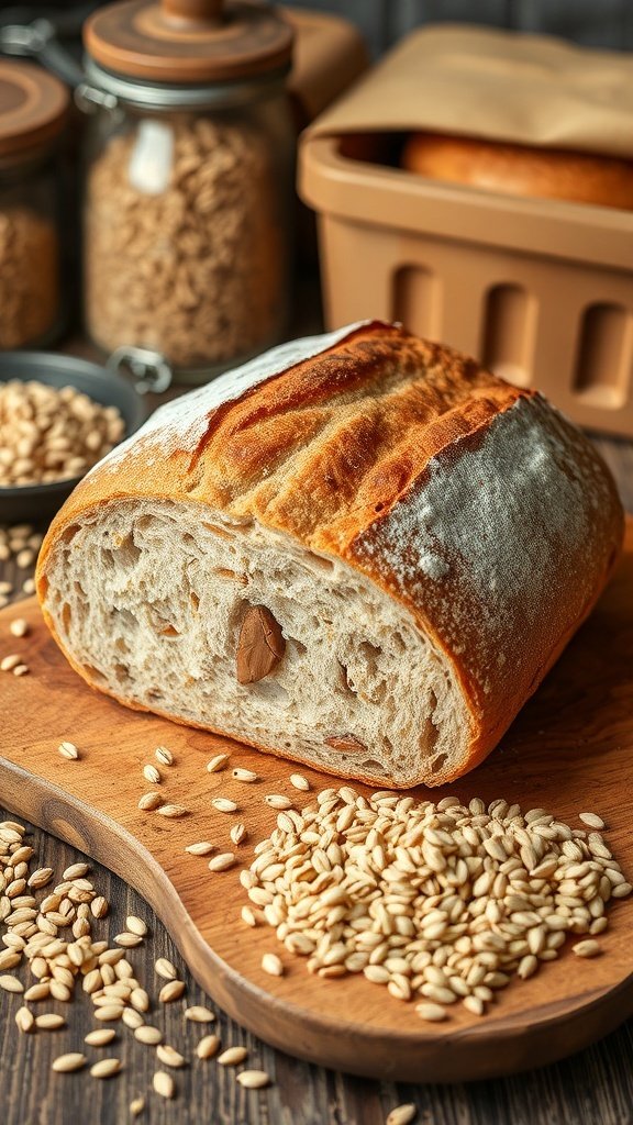 A rustic loaf of bread on a wooden board with grains scattered around.