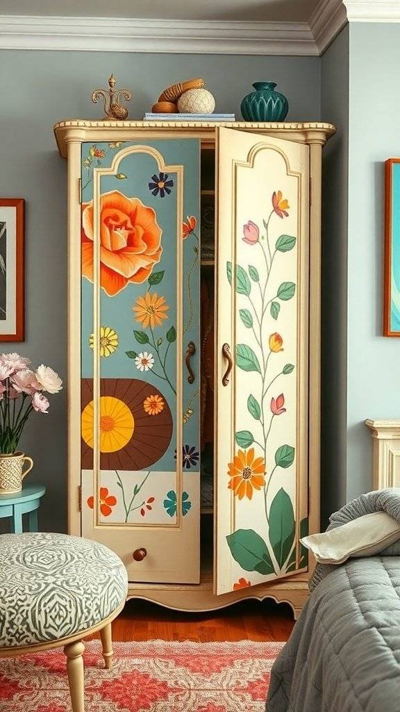 A vintage-inspired hand-painted wardrobe with floral designs, showcasing vibrant colors and elegant details.
