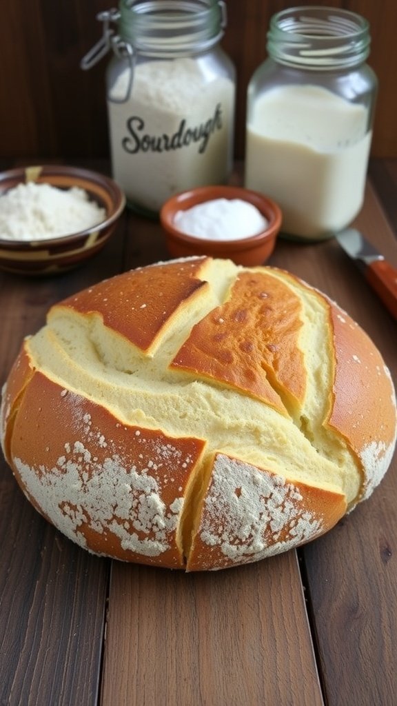 A rustic sourdough bread loaf with a beautiful design on top, surrounded by ingredients like flour and milk.