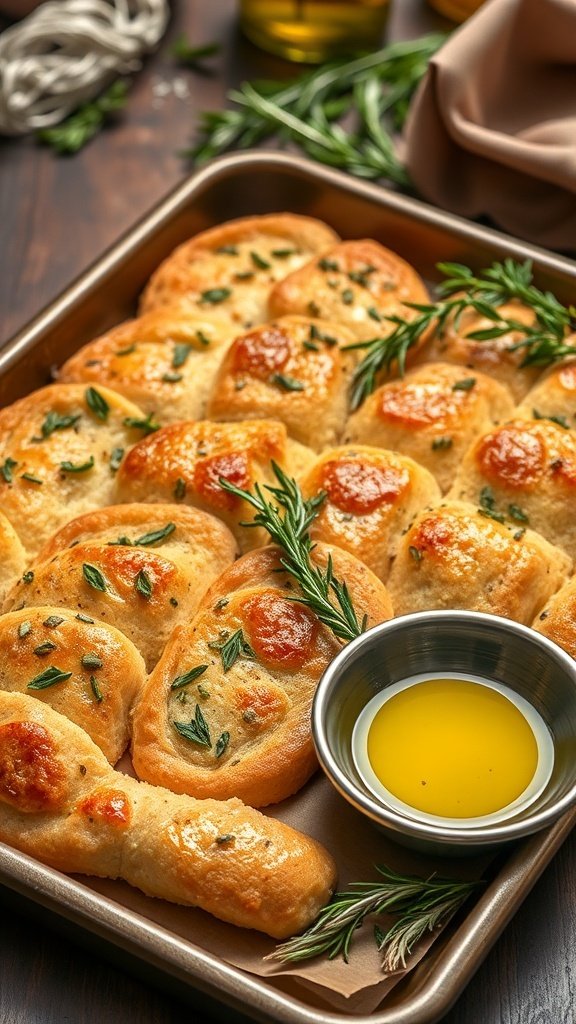A tray of freshly baked herb-infused focaccia bread, garnished with rosemary and served with olive oil.