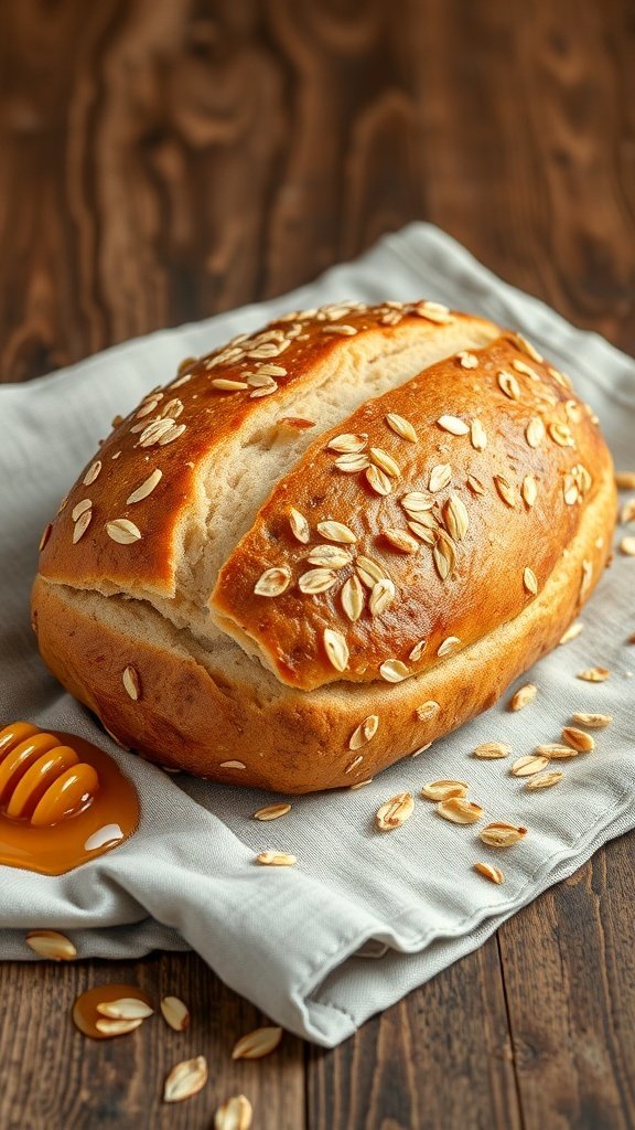 A loaf of honey oat bread with oats on top, resting on a cloth with honey drizzled beside it.