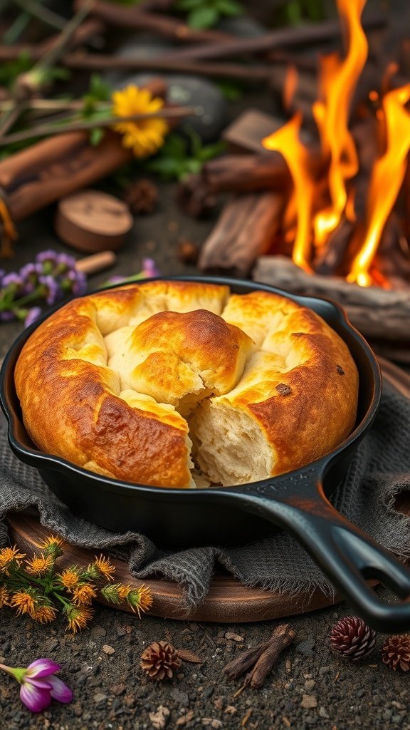 A golden-brown bannock bread in a cast-iron skillet, surrounded by nature and a warm fire.