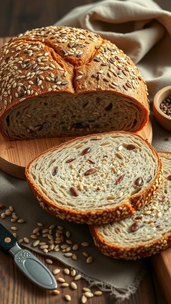 A loaf of multigrain bread with seeds, sliced on a wooden board.