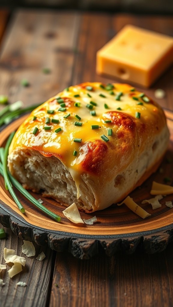 Savory cheese and chive bread on a wooden plate with cheese and chives scattered around.