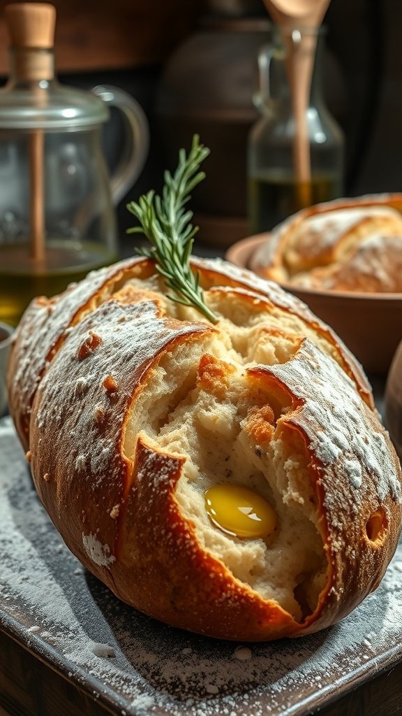 A rustic ciabatta loaf with a golden crust and a sprig of rosemary on top, surrounded by olive oil and kitchen utensils.