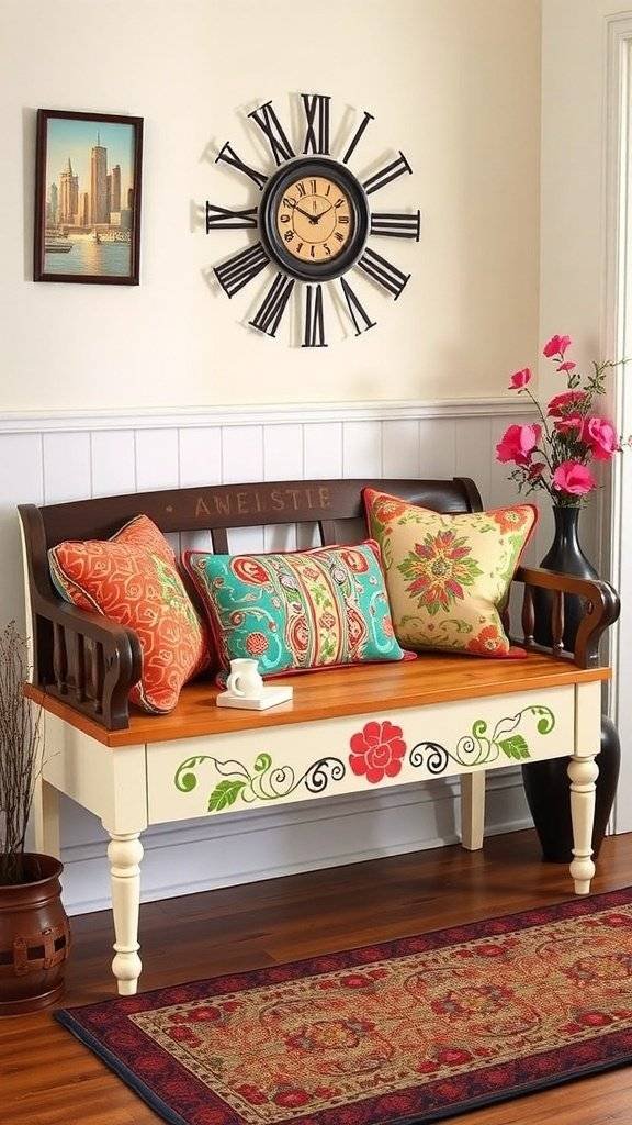 Chic entryway bench with colorful cushions and floral designs