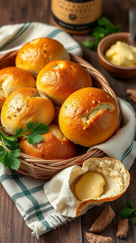 A basket of golden garlic and herb dinner rolls, with a small bowl of butter on the side.