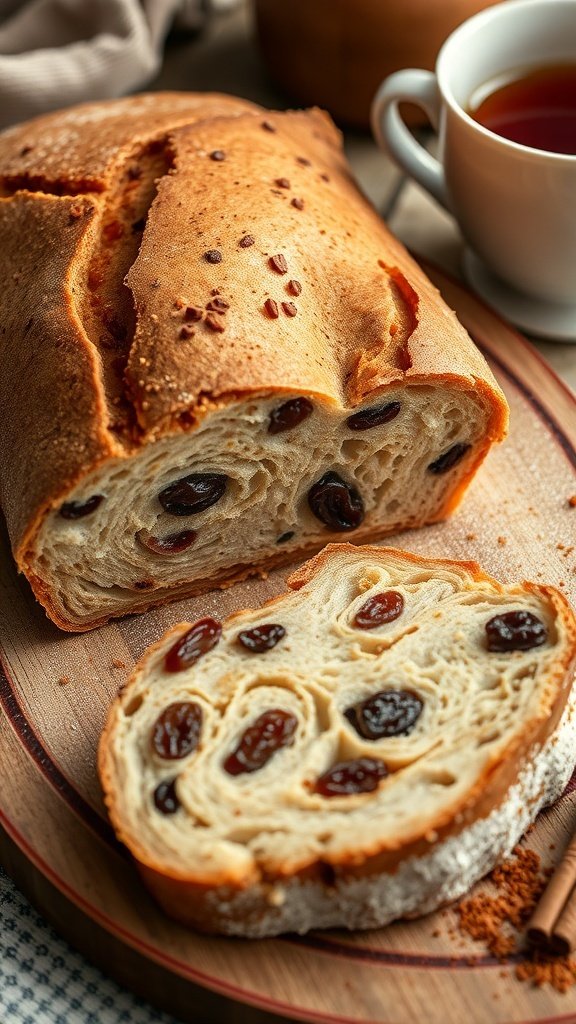 A loaf of cinnamon raisin bread sliced on a wooden board next to a cup of tea.