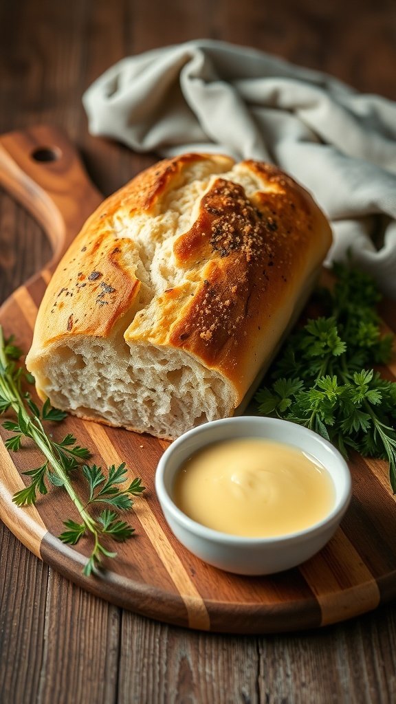 A loaf of rustic potato bread on a wooden board with a bowl of butter and fresh herbs.