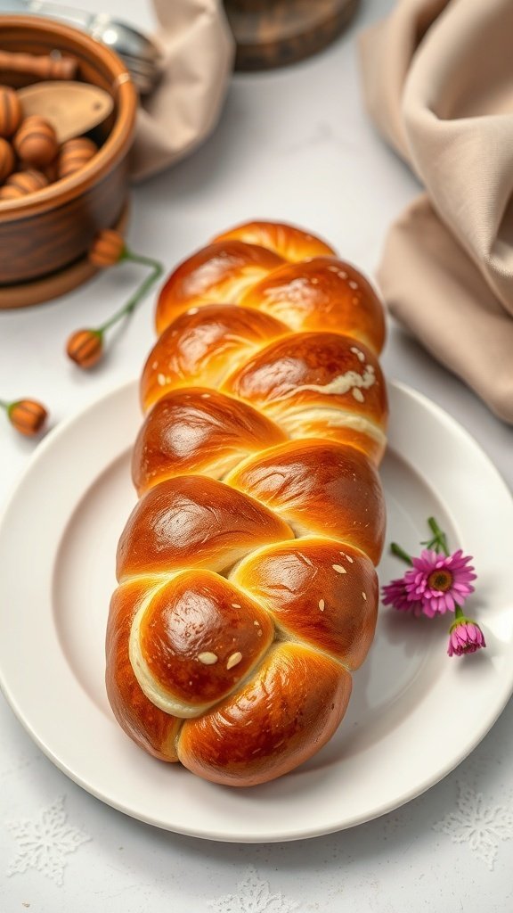 A beautifully braided challah bread on a plate, surrounded by decorative elements.