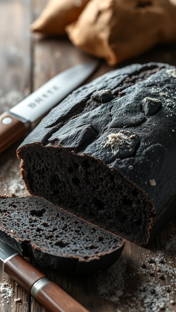 A loaf of black bread sliced open, showcasing its dense texture and dark color.