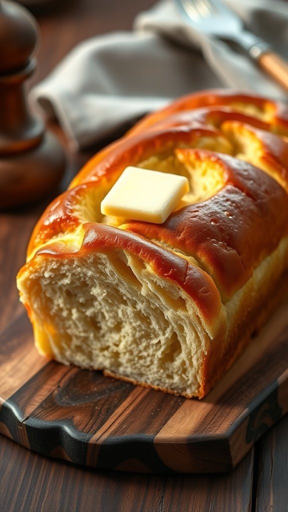 A loaf of brioche bread with a pat of butter on top, resting on a wooden cutting board.