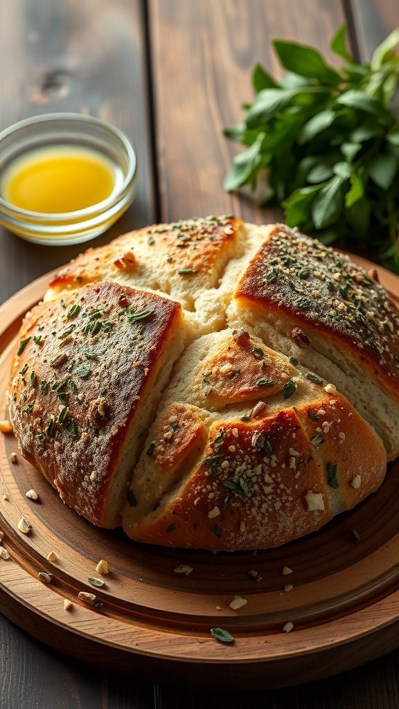 A round loaf of herb and garlic artisan bread on a wooden board, garnished with herbs and accompanied by olive oil.