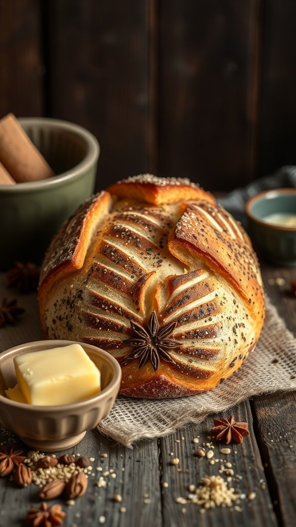 A freshly baked loaf of anise and caraway seed bread with butter and spices on a rustic wooden table.