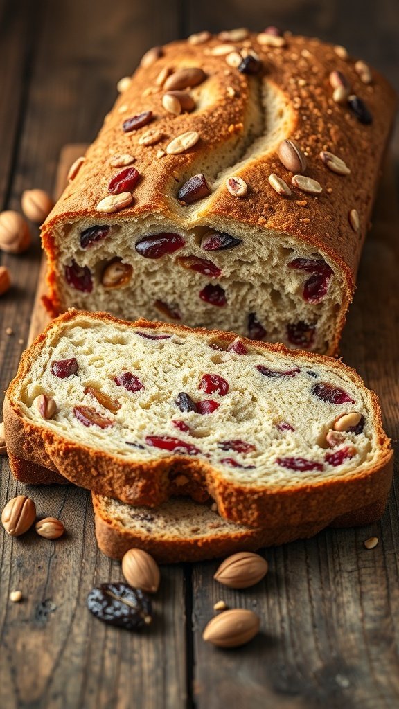 A loaf of fruit and nut bread with cranberries and almonds on a wooden table.
