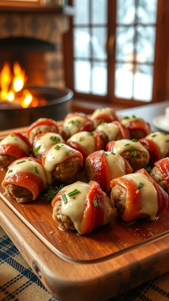 A platter of bacon-wrapped meatballs with melted cheese, set against a warm fireplace background.