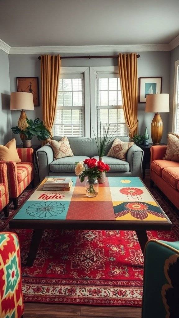 A vibrant hand-painted coffee table in a cozy living room, surrounded by colorful sofas and a rich area rug.