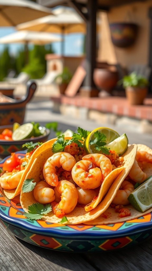 Colorful plate of shrimp tacos with lime and cilantro, representing Dorne's spicy appetizers.