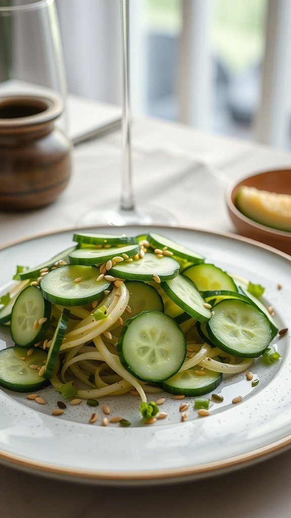 A refreshing cucumber salad with noodles, garnished with sesame seeds and green onions.