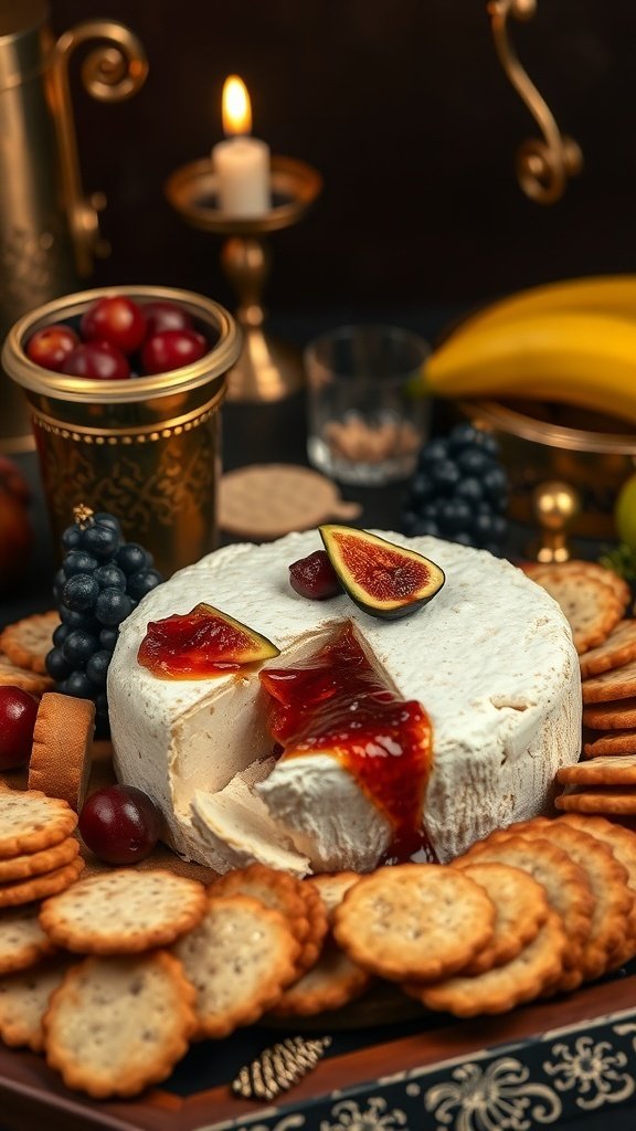A luxurious cheese platter featuring brie cheese, fig jam, assorted crackers, and fresh fruits.