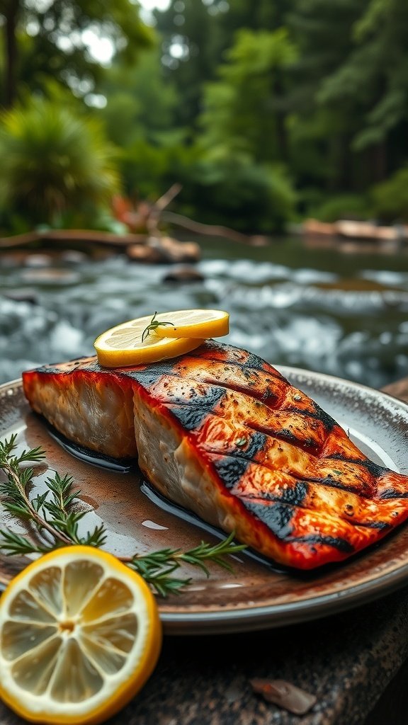 Grilled salmon fillet garnished with lemon and herbs