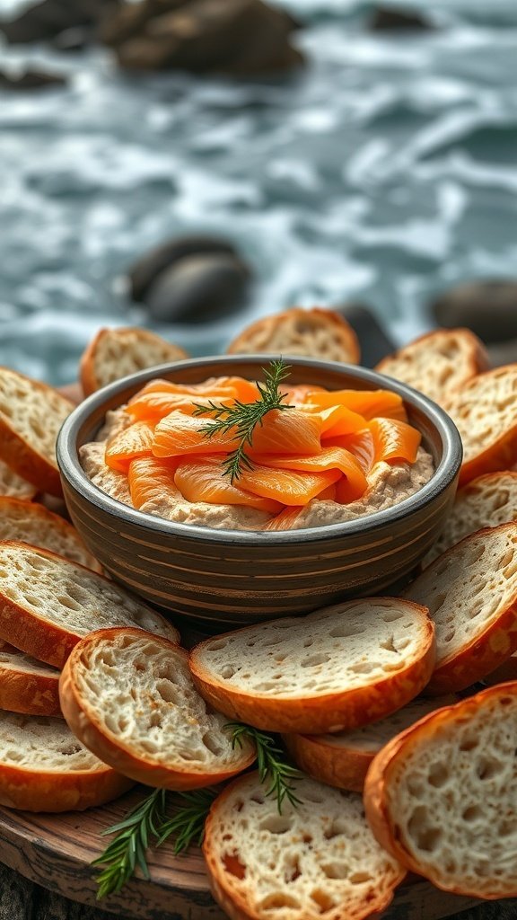 A platter of smoked salmon dip surrounded by toasted bread slices, set against a coastal backdrop.