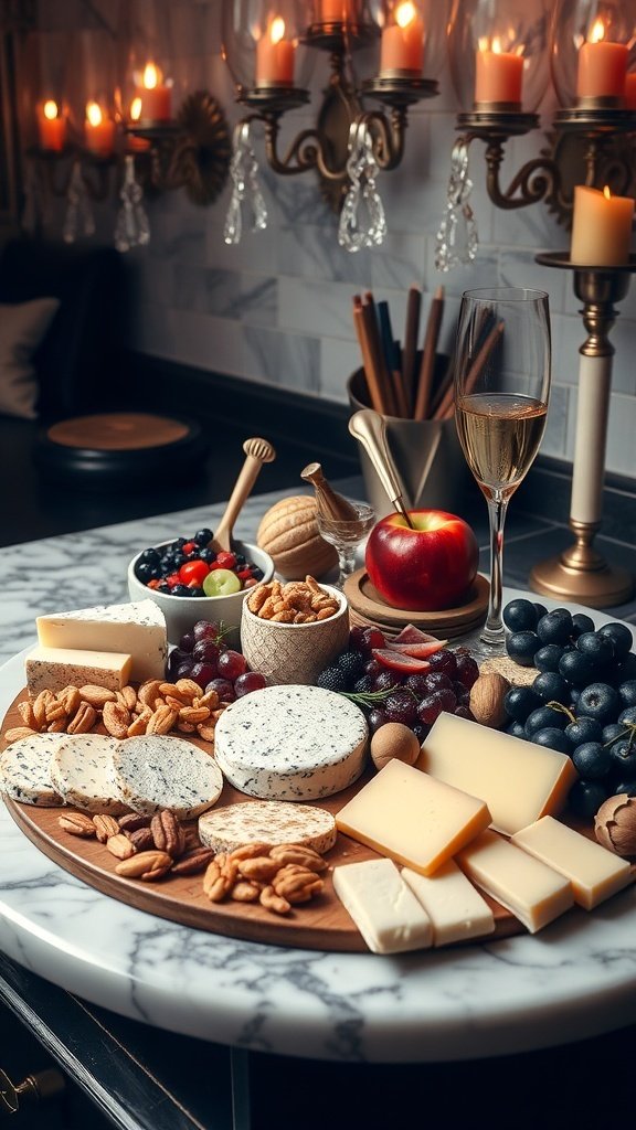 A beautifully arranged cheese and fruit platter with nuts and a glass of sparkling wine.