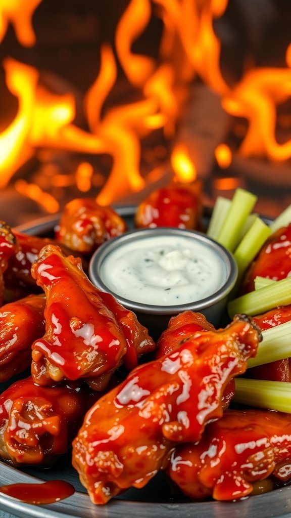 A plate of spicy chicken wings with a side of ranch dressing and celery sticks, set against a backdrop of flames.