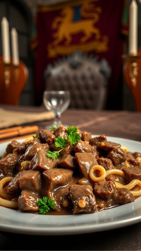 A plate of beef stew served over pasta, garnished with parsley, representing the hearty flavors of House Baratheon.