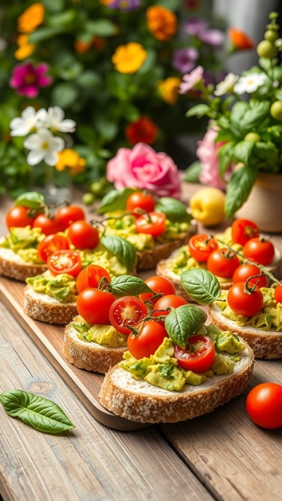 Garden-inspired appetizers with avocado spread, cherry tomatoes, and basil on toasted bread.