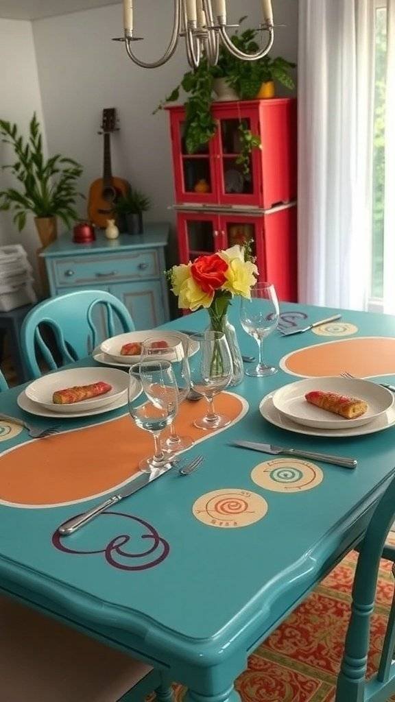 A vibrant dining room with a patterned tablecloth, elegant table settings, and eclectic furniture pieces.