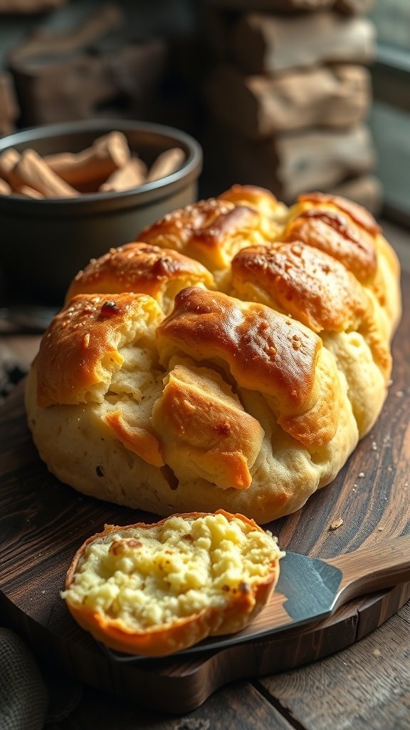 Freshly baked rustic bread on a wooden board, with a slice showing its soft interior.
