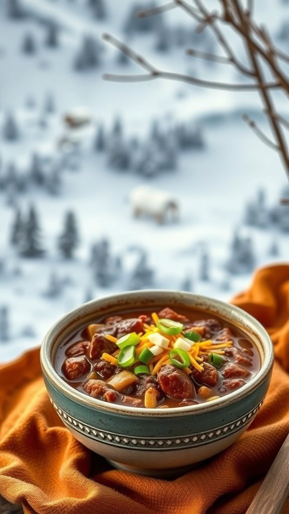 A hearty bowl of chili garnished with cheese and green onions, set against a snowy backdrop.
