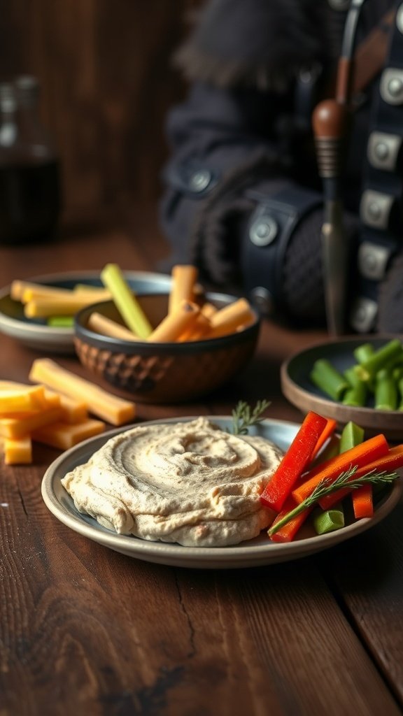 A plate of creamy dip with fresh vegetables and cheese, inspired by The Night's Watch from Game of Thrones.