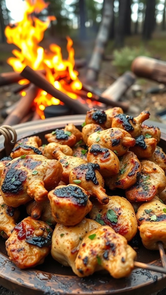 Grilled skewers of chicken and vegetables over a campfire, representing rustic Wildling appetizers.