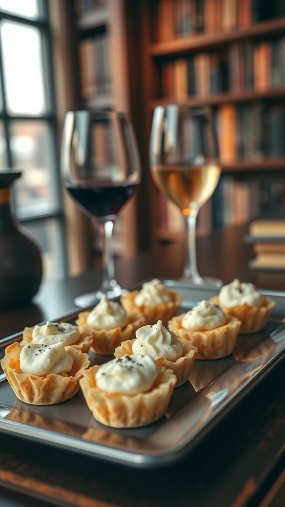 A plate of mini shepherd's pies served with red wine in a cozy library setting.