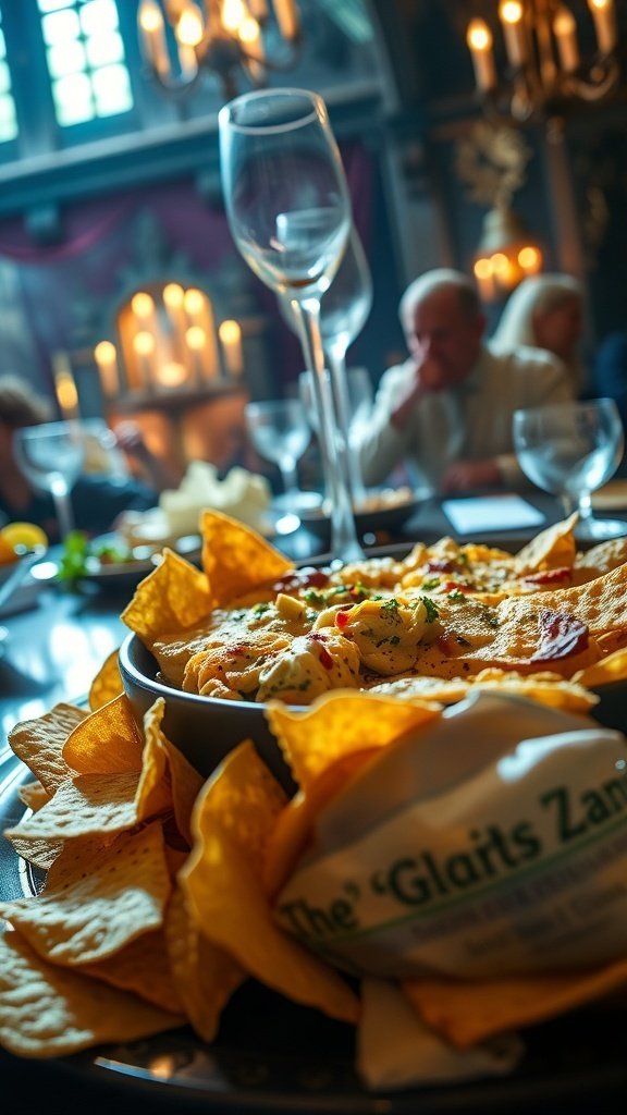 A cheesy dip served with tortilla chips, perfect for gatherings.