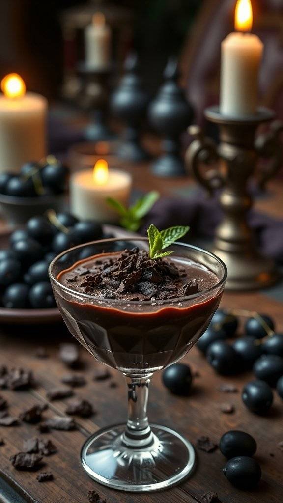 A dark chocolate mousse served in a glass, garnished with chocolate shavings and mint, surrounded by flickering candles and dark fruits.