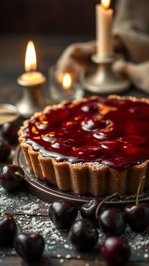 A black cherry tart with a glossy red glaze, surrounded by fresh cherries and flickering candles.
