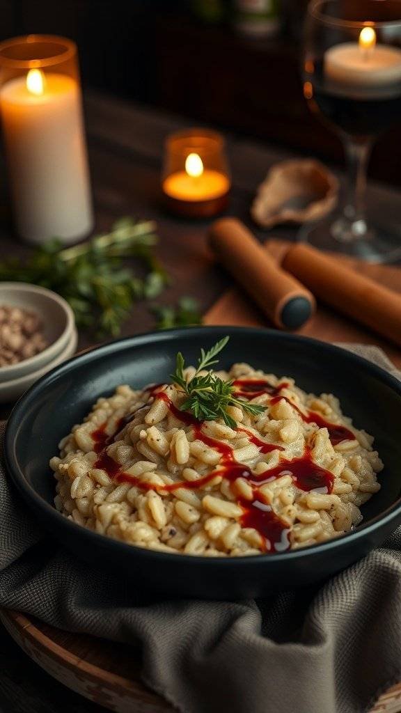 A bowl of black garlic risotto garnished with herbs and a red glaze, surrounded by candles and a rustic setting.