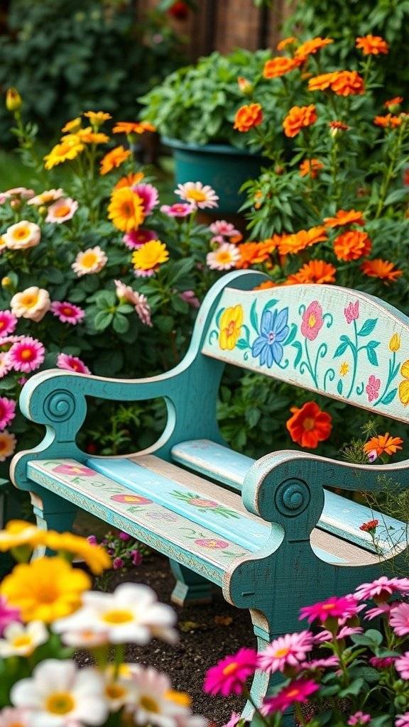 A hand painted turquoise bench surrounded by colorful flowers in a garden.