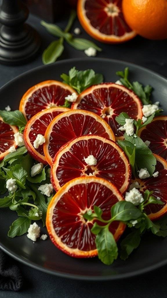 A plate of blood orange salad with goat cheese and greens, styled for a gothic medieval dining theme.