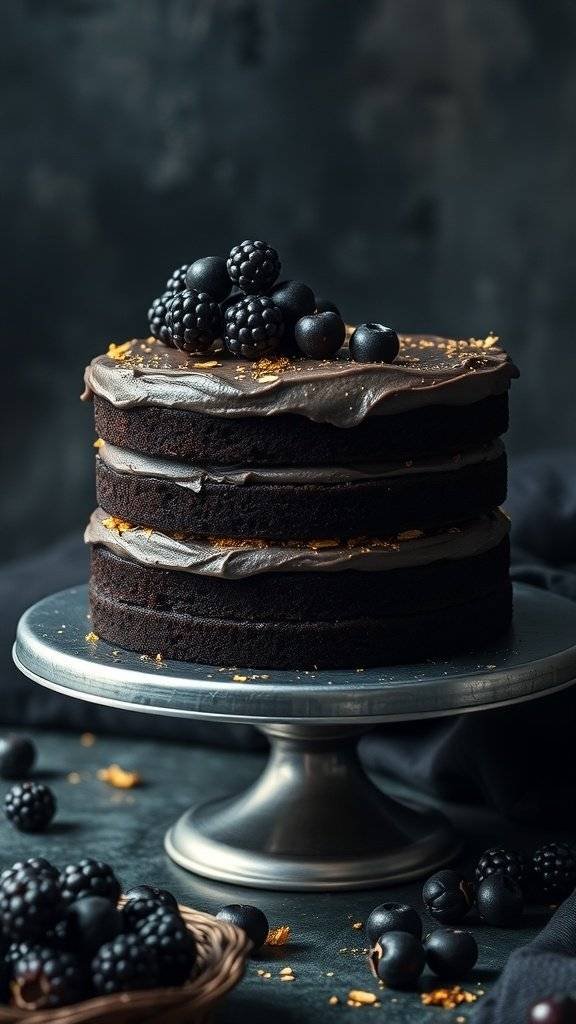 A three-layer black velvet cake topped with blackberries and gold flakes, set against a dark background.