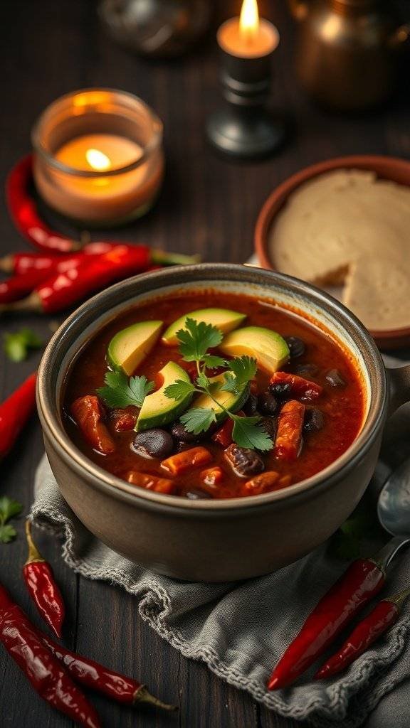 A bowl of spicy black bean soup garnished with cilantro and avocado, surrounded by candles and red chili peppers.
