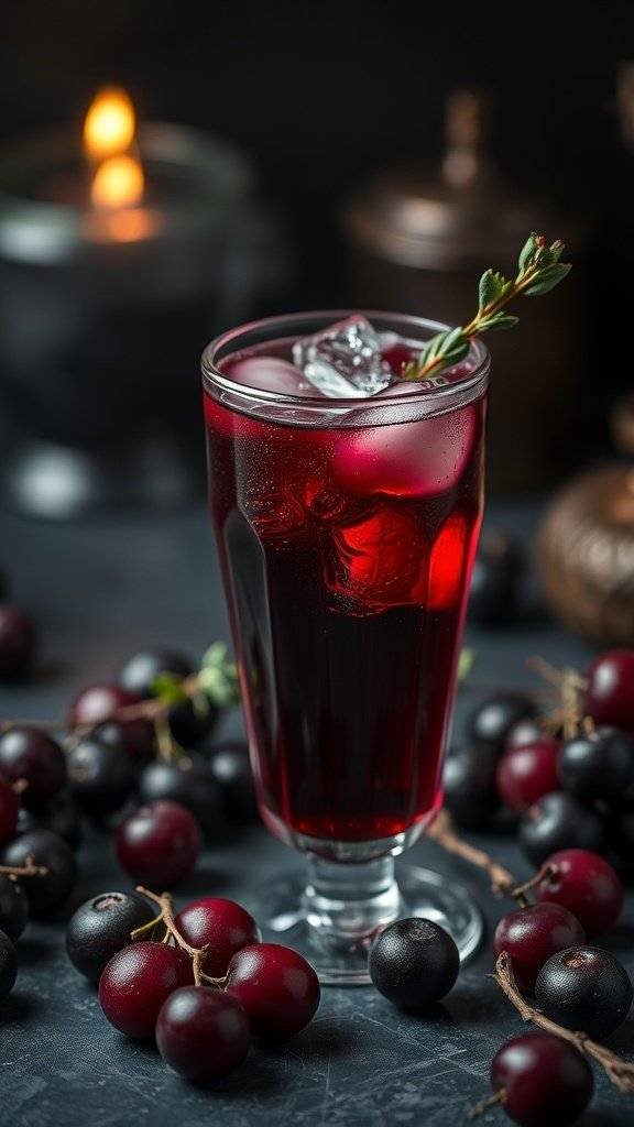 A glass of blackcurrant and thyme cocktail with ice and garnished with thyme sprigs, surrounded by blackcurrants.